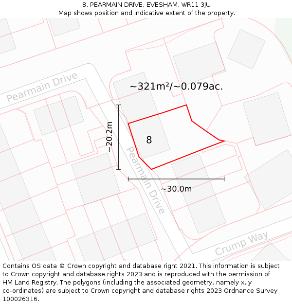 8, PEARMAIN DRIVE, EVESHAM, WR11 3JU: Plot and title map