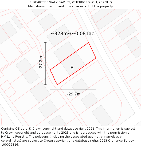 8, PEARTREE WALK, YAXLEY, PETERBOROUGH, PE7 3HQ: Plot and title map