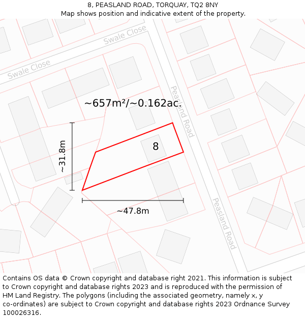 8, PEASLAND ROAD, TORQUAY, TQ2 8NY: Plot and title map