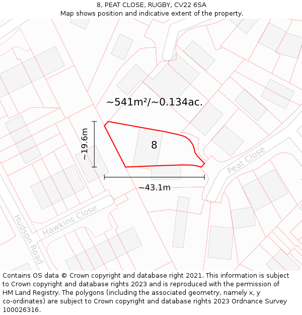 8, PEAT CLOSE, RUGBY, CV22 6SA: Plot and title map