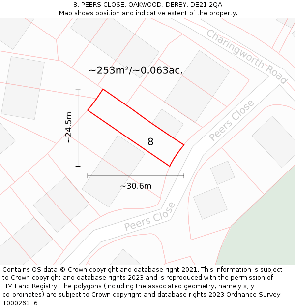 8, PEERS CLOSE, OAKWOOD, DERBY, DE21 2QA: Plot and title map