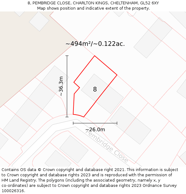 8, PEMBRIDGE CLOSE, CHARLTON KINGS, CHELTENHAM, GL52 6XY: Plot and title map