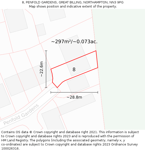 8, PENFOLD GARDENS, GREAT BILLING, NORTHAMPTON, NN3 9PG: Plot and title map