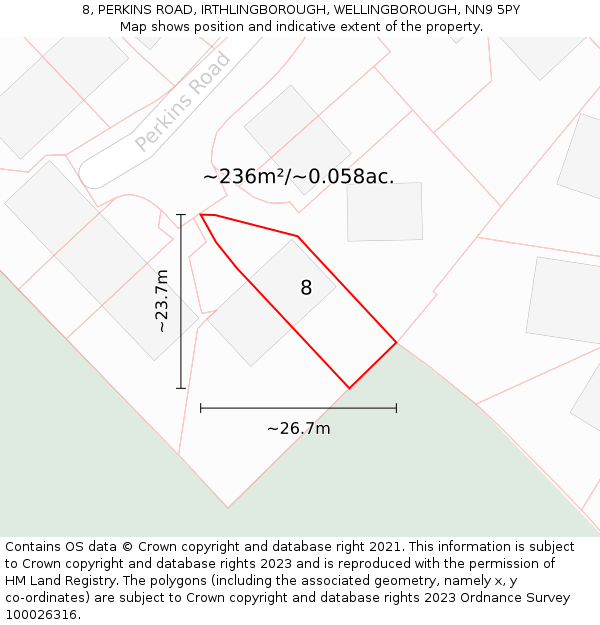 8, PERKINS ROAD, IRTHLINGBOROUGH, WELLINGBOROUGH, NN9 5PY: Plot and title map