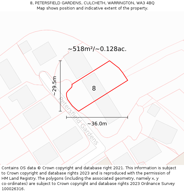 8, PETERSFIELD GARDENS, CULCHETH, WARRINGTON, WA3 4BQ: Plot and title map