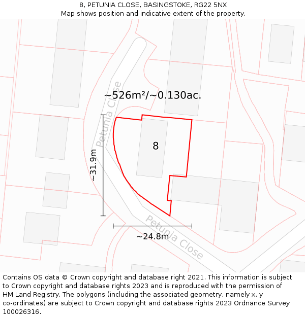 8, PETUNIA CLOSE, BASINGSTOKE, RG22 5NX: Plot and title map