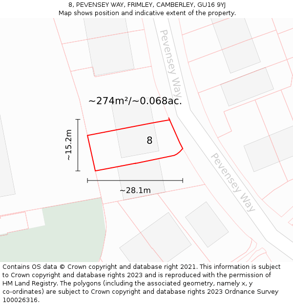 8, PEVENSEY WAY, FRIMLEY, CAMBERLEY, GU16 9YJ: Plot and title map