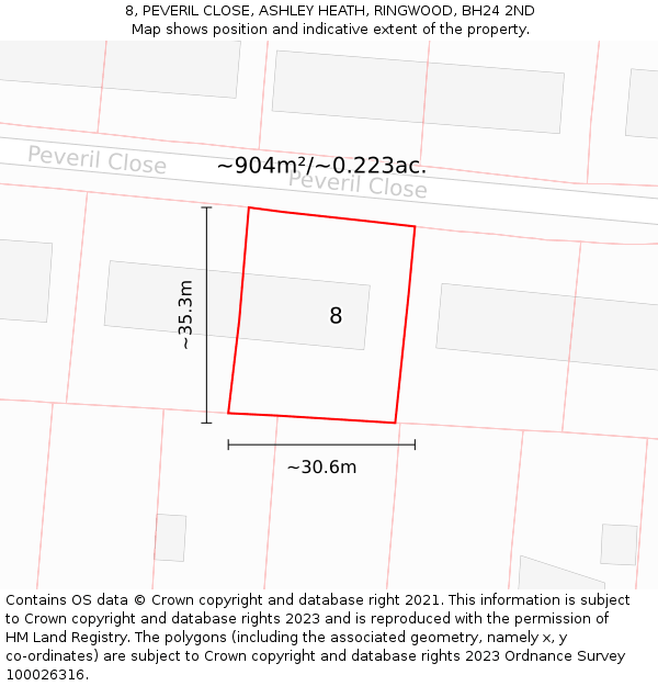8, PEVERIL CLOSE, ASHLEY HEATH, RINGWOOD, BH24 2ND: Plot and title map