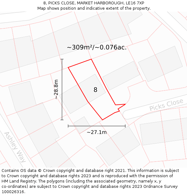 8, PICKS CLOSE, MARKET HARBOROUGH, LE16 7XP: Plot and title map