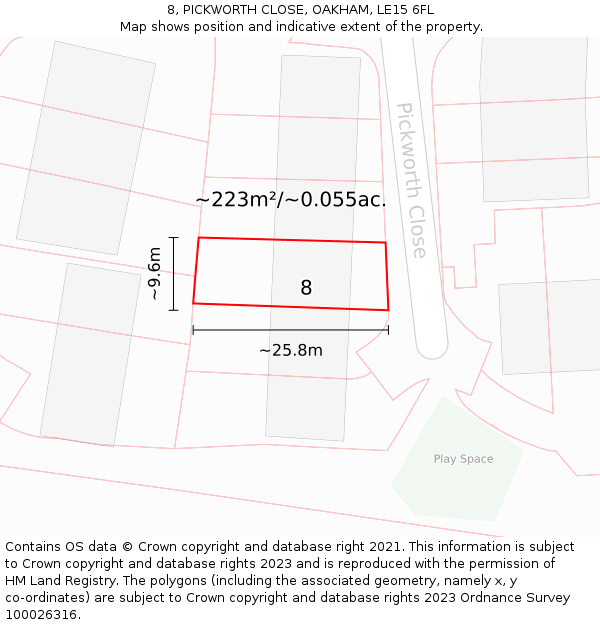 8, PICKWORTH CLOSE, OAKHAM, LE15 6FL: Plot and title map