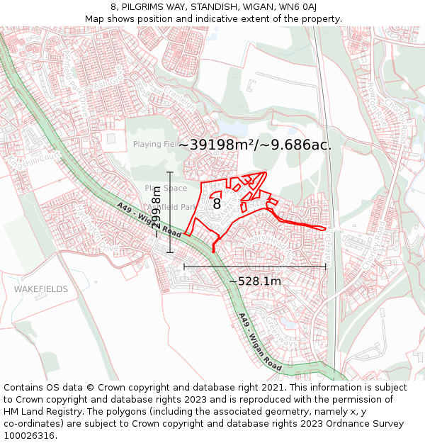 8, PILGRIMS WAY, STANDISH, WIGAN, WN6 0AJ: Plot and title map