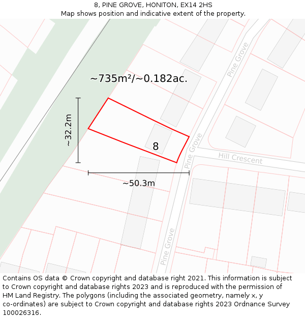 8, PINE GROVE, HONITON, EX14 2HS: Plot and title map