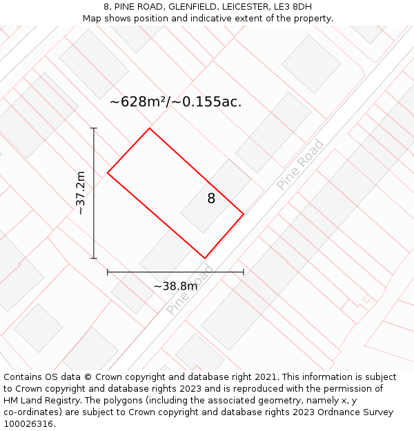 8, PINE ROAD, GLENFIELD, LEICESTER, LE3 8DH: Plot and title map