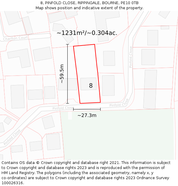 8, PINFOLD CLOSE, RIPPINGALE, BOURNE, PE10 0TB: Plot and title map