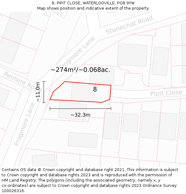 8, PIPIT CLOSE, WATERLOOVILLE, PO8 9YW: Plot and title map