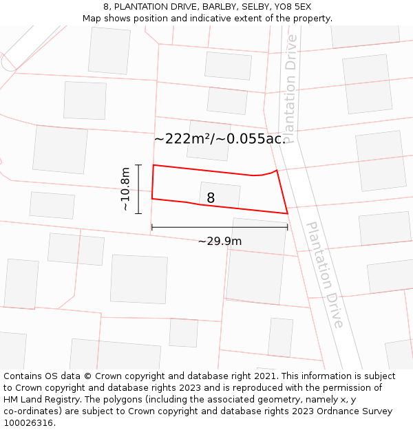 8, PLANTATION DRIVE, BARLBY, SELBY, YO8 5EX: Plot and title map