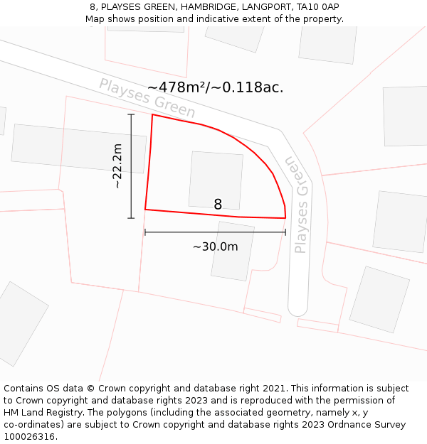 8, PLAYSES GREEN, HAMBRIDGE, LANGPORT, TA10 0AP: Plot and title map