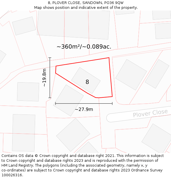 8, PLOVER CLOSE, SANDOWN, PO36 9QW: Plot and title map