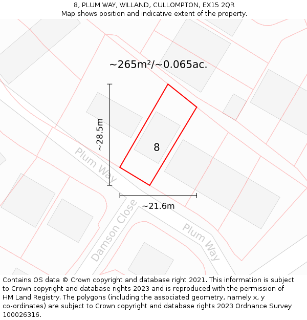 8, PLUM WAY, WILLAND, CULLOMPTON, EX15 2QR: Plot and title map