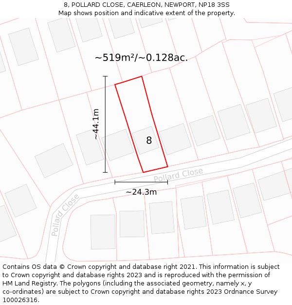 8, POLLARD CLOSE, CAERLEON, NEWPORT, NP18 3SS: Plot and title map