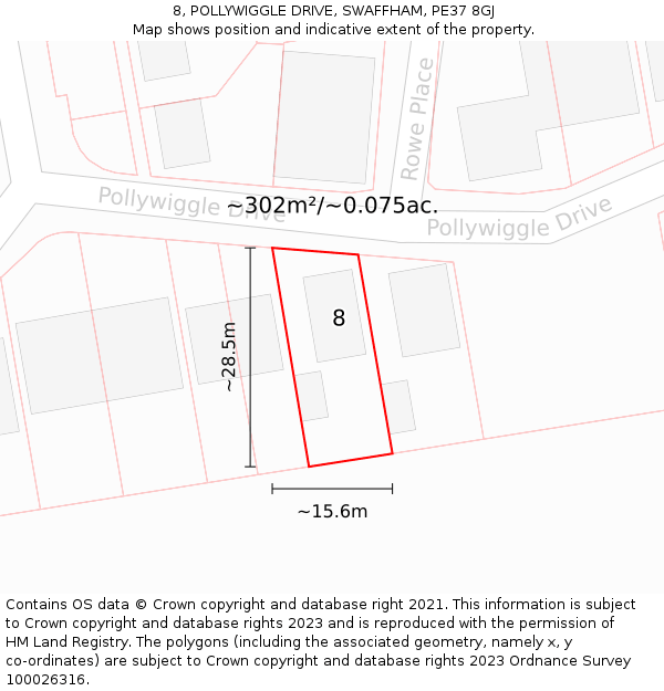 8, POLLYWIGGLE DRIVE, SWAFFHAM, PE37 8GJ: Plot and title map