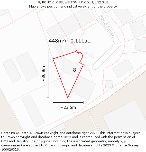 8, POND CLOSE, WELTON, LINCOLN, LN2 3UE: Plot and title map