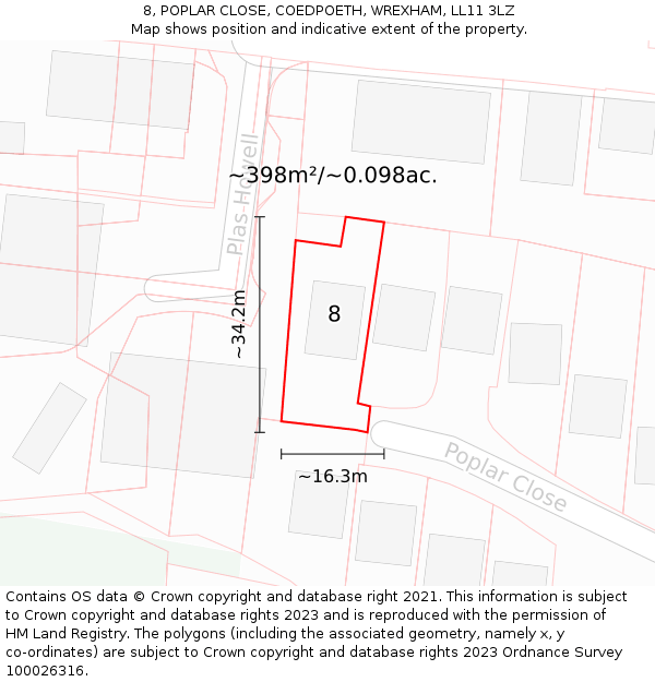 8, POPLAR CLOSE, COEDPOETH, WREXHAM, LL11 3LZ: Plot and title map