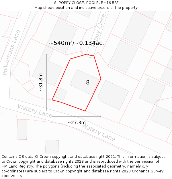 8, POPPY CLOSE, POOLE, BH16 5RF: Plot and title map