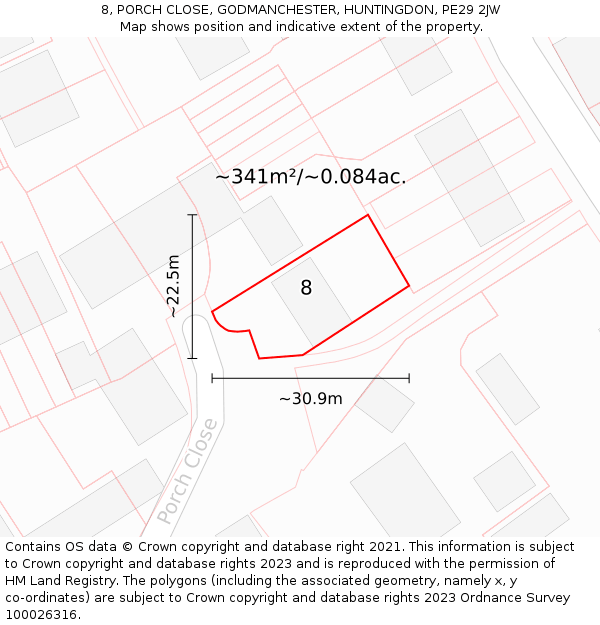 8, PORCH CLOSE, GODMANCHESTER, HUNTINGDON, PE29 2JW: Plot and title map