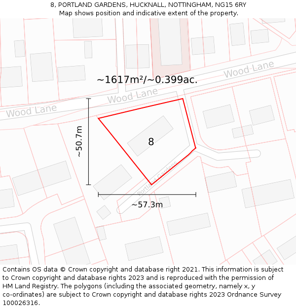 8, PORTLAND GARDENS, HUCKNALL, NOTTINGHAM, NG15 6RY: Plot and title map