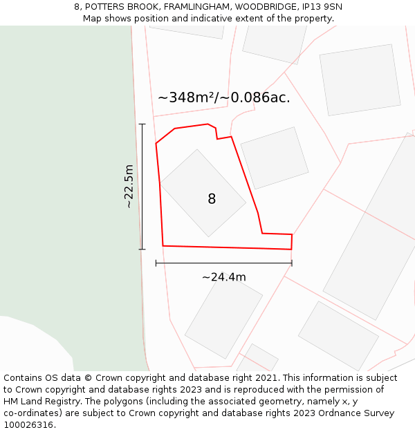 8, POTTERS BROOK, FRAMLINGHAM, WOODBRIDGE, IP13 9SN: Plot and title map