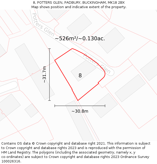 8, POTTERS GLEN, PADBURY, BUCKINGHAM, MK18 2BX: Plot and title map
