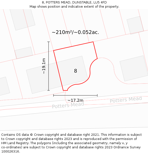 8, POTTERS MEAD, DUNSTABLE, LU5 4FD: Plot and title map