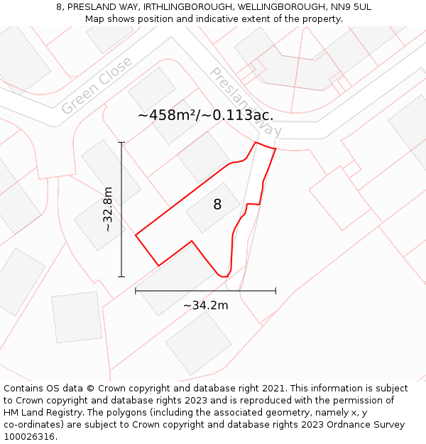 8, PRESLAND WAY, IRTHLINGBOROUGH, WELLINGBOROUGH, NN9 5UL: Plot and title map