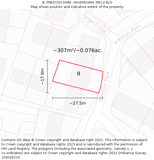 8, PRESTON PARK, FAVERSHAM, ME13 8LN: Plot and title map