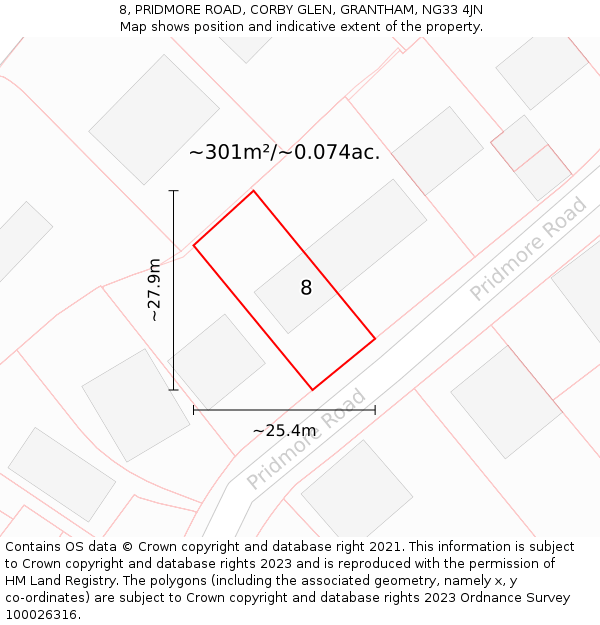 8, PRIDMORE ROAD, CORBY GLEN, GRANTHAM, NG33 4JN: Plot and title map