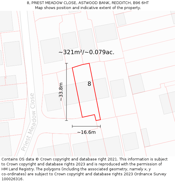 8, PRIEST MEADOW CLOSE, ASTWOOD BANK, REDDITCH, B96 6HT: Plot and title map