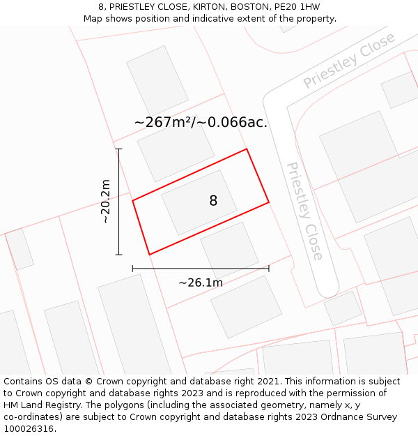 8, PRIESTLEY CLOSE, KIRTON, BOSTON, PE20 1HW: Plot and title map