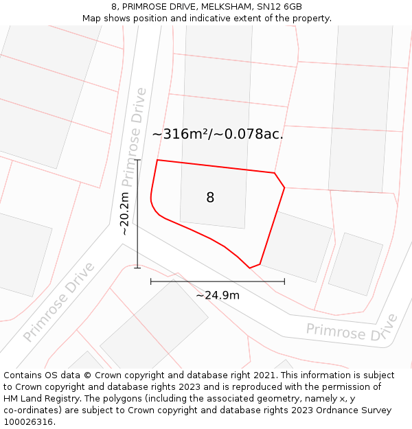 8, PRIMROSE DRIVE, MELKSHAM, SN12 6GB: Plot and title map