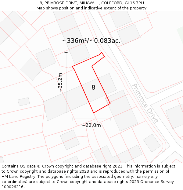 8, PRIMROSE DRIVE, MILKWALL, COLEFORD, GL16 7PU: Plot and title map