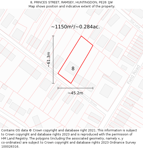 8, PRINCES STREET, RAMSEY, HUNTINGDON, PE26 1JW: Plot and title map