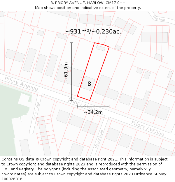 8, PRIORY AVENUE, HARLOW, CM17 0HH: Plot and title map