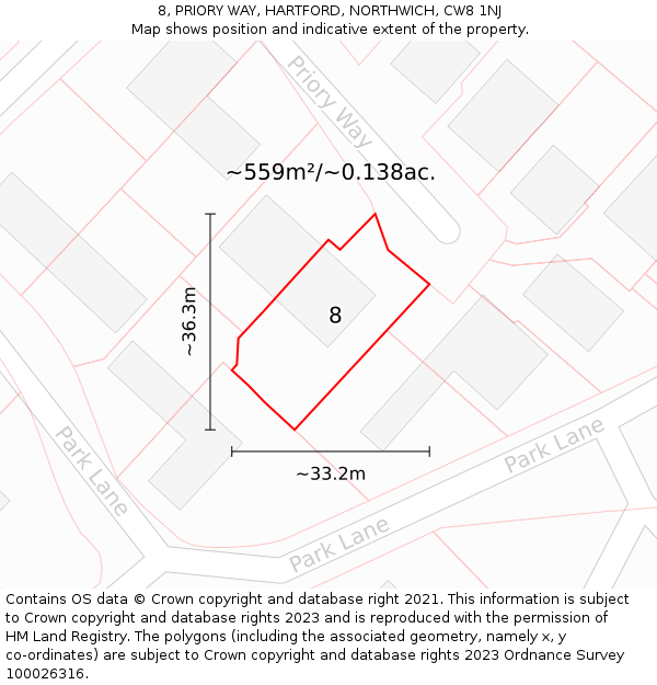 8, PRIORY WAY, HARTFORD, NORTHWICH, CW8 1NJ: Plot and title map