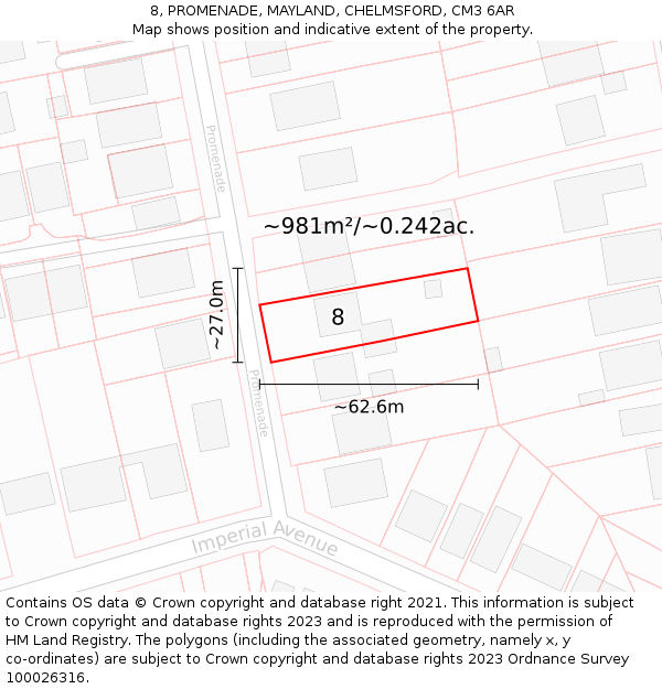 8, PROMENADE, MAYLAND, CHELMSFORD, CM3 6AR: Plot and title map