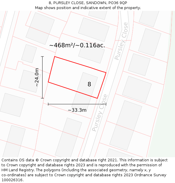 8, PURSLEY CLOSE, SANDOWN, PO36 9QP: Plot and title map