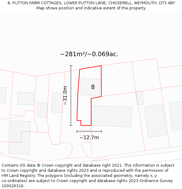 8, PUTTON FARM COTTAGES, LOWER PUTTON LANE, CHICKERELL, WEYMOUTH, DT3 4BY: Plot and title map