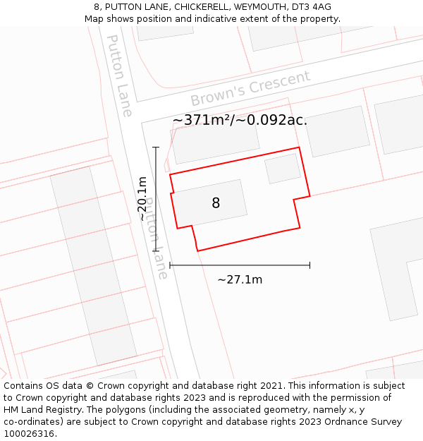 8, PUTTON LANE, CHICKERELL, WEYMOUTH, DT3 4AG: Plot and title map