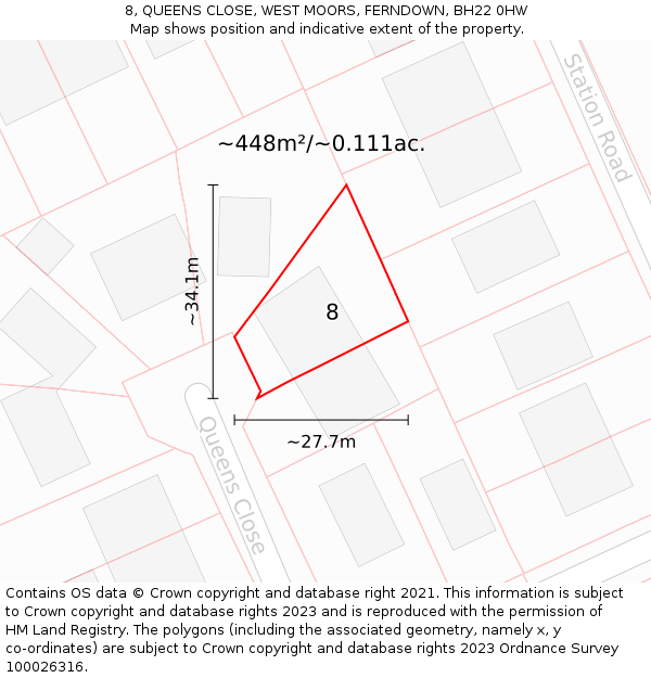 8, QUEENS CLOSE, WEST MOORS, FERNDOWN, BH22 0HW: Plot and title map