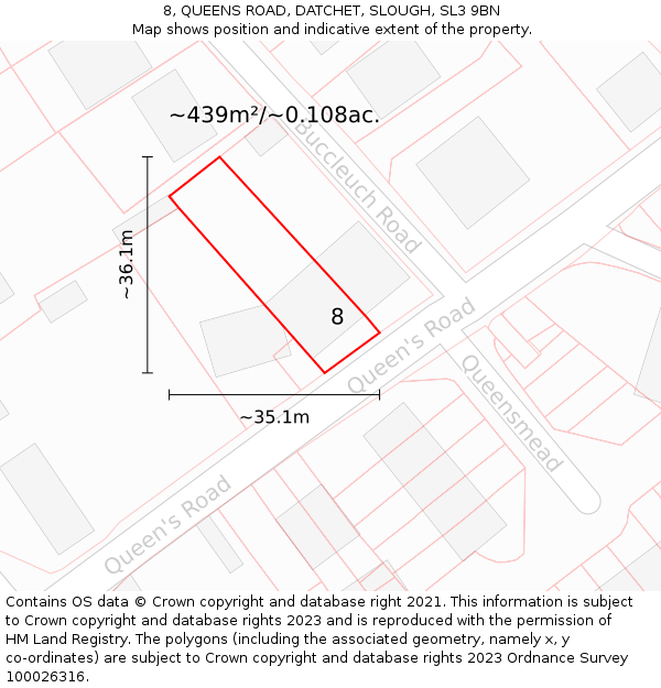 8, QUEENS ROAD, DATCHET, SLOUGH, SL3 9BN: Plot and title map