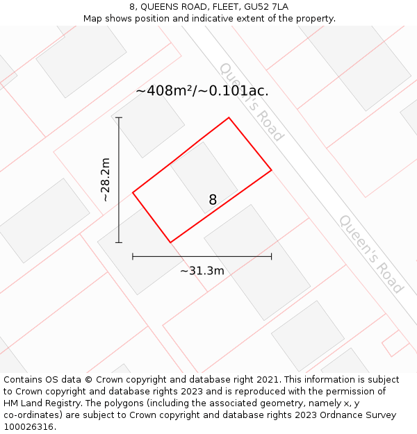 8, QUEENS ROAD, FLEET, GU52 7LA: Plot and title map